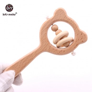 Lets Make Wooden Rattle Beech Bear Hand Teething Wooden Ring Baby Rattles Play Gym Montessori Stroller Toy Educational Toys