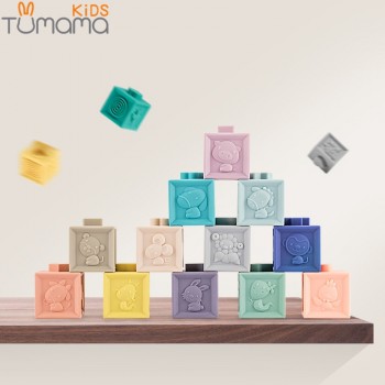 Tumama 12pcs Baby Rattles Grasp Ball Building Blocks 3D Touch Hand Soft Balls Massage Rubber Teethers Squeeze Toy Bath Ball Toys