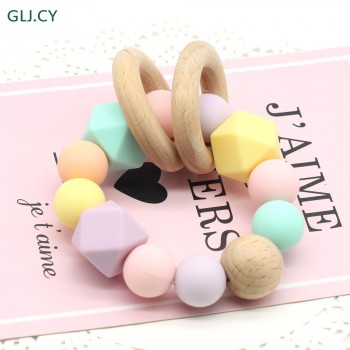 Beech Baby Bracelet Animal Shaped Jewelry Teething For Baby Organic Wood Silicone Beads Baby Rattle Stroller Accessories Toys