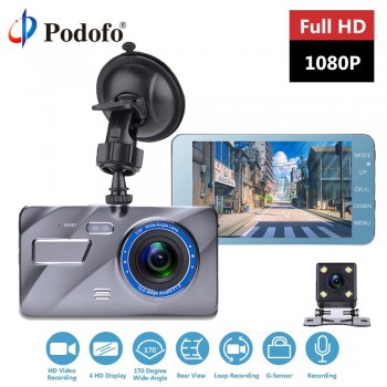 Podofo Dash Cam New Dual Lens Car DVR Camera Full HD 1080P 4 IPS Front+Rear Mirror Night Vision Video Recorder Parking Monitor