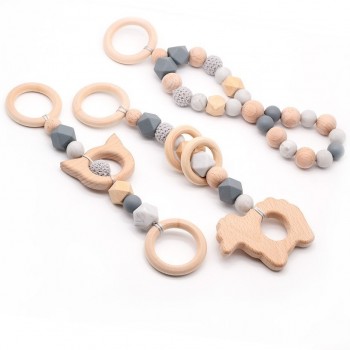 Baby Rattle Toys Animal Wooden Rattle Ring Natural Wood Beads Play Gym Toy Stroller Toys Hanging Mobile Crib Newborn Infant Gift