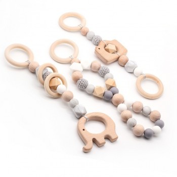 Baby Rattle Toys Animal Wooden Rattle Ring Natural Wood Beads Play Gym Toy Stroller Toys Hanging Mobile Crib Newborn Infant Gift