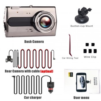 Dash Cam Dual Lens Car DVR Vehicle Camera Full HD 1080P 4 IPS Front+Rear Night Vision Video Recorder G-sensor Parking Monitor