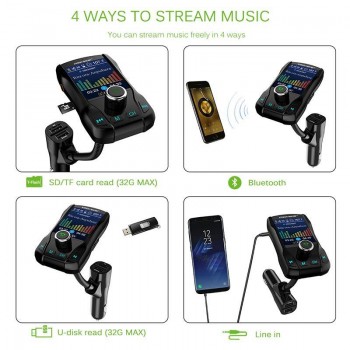 Onever FM Transmitter Wireless Bluetooth Handsfree Color Screen Car Kit 360 rotatable Car MP3 Audio with 5V 2.1A Dual USB Charge