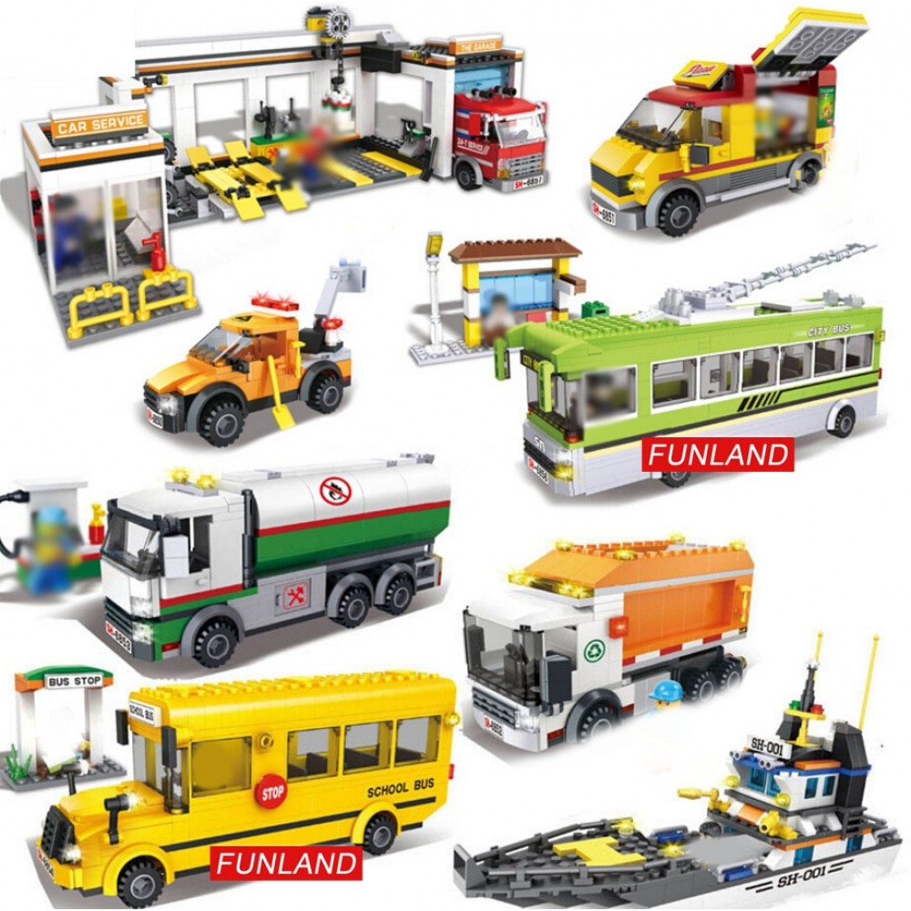 City Urban transportation block Auto repair shop school bus ship truck car bricks Cleaner worker driver figures educational toys