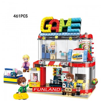 Funny city street view bricks Chinese Restaurant Convenience Store game room taxi school bus station block cartoon minifigs toys