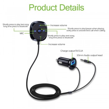 Onever Wireless Bluetooth Car Kit MP3 Player 3.5mm AUX Audio A2DP Music Receiver Adapter Support IOS Siri with 2.1A USB Output