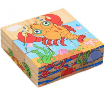 Wooden Cartoon Animal Three-dimensional 9 Tablets Square 6 Puzzle Educational Toys Building Blocks Baby Colorful Blocks Toys