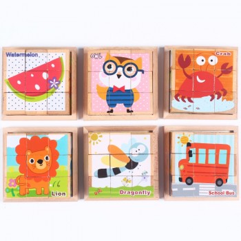 Baby toy Wooden block Chopping block Wooden cubes Animal Fruit Traffic 9pcs 6 side Educational toys for Children