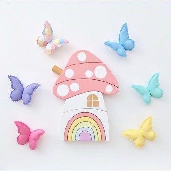 Wood Rainbow Blocks Set Kids Natural Wooden Building Blocks Mushroom Craft Early Learning Educational Toys Baby Room Home Decor