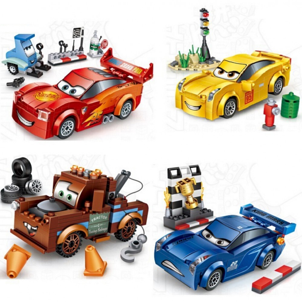 Hot cartoon movie sports car story mini block racing mcqueens jackson Ramirez trailer truck bricks toys for children gifts