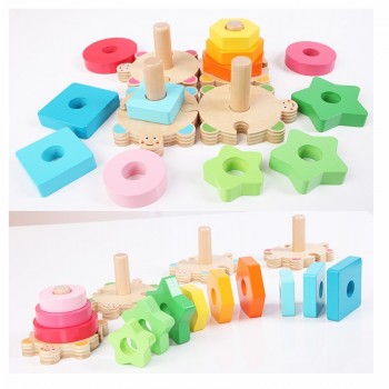 Baby Kids Rainbow Wooden 4 Column Blocks Sets Educational Geometric Shape Matching Toys for Children Animal Stacking Oyuncak