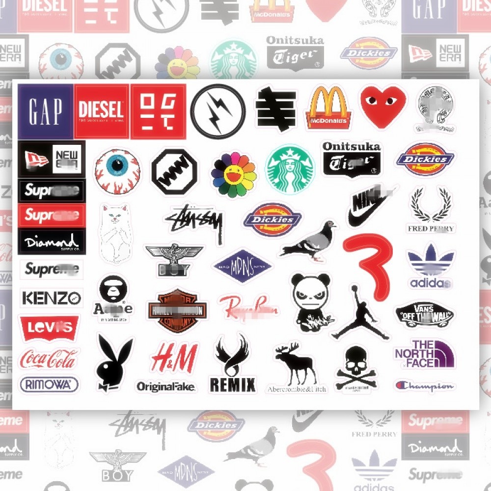 48Pcs No Repeat Trendy Tide Brand Logo Stickers DIY Notebook Bike Luggage Box Laptop Fridge Graffiti Decals Sticker Stikee