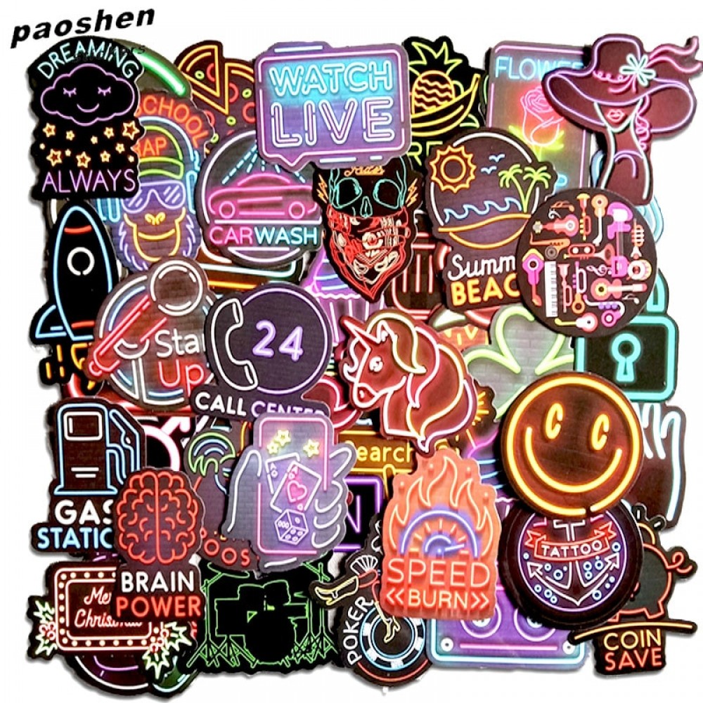 50 PCS Neon Light Sticker Anime Icon Animal Cute Decals Stickers Gifts for Children to Laptop Suitcase Guitar Fridge Bicycle Car