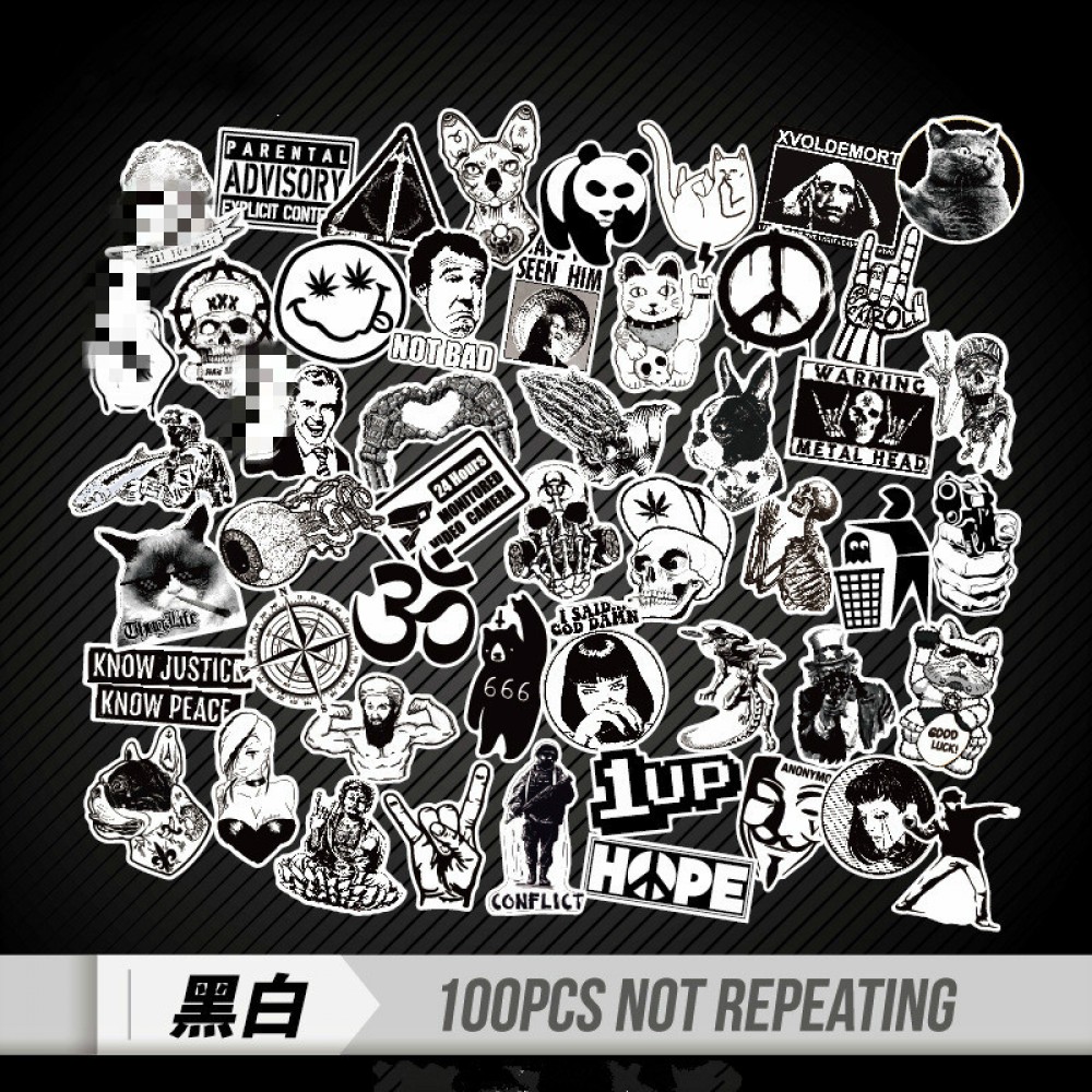 100 PCS Black and White Cool DIY Stickers For Skateboard Laptop Luggage Snowboard Fridge Phone Toy Styling Home Decor Stickers