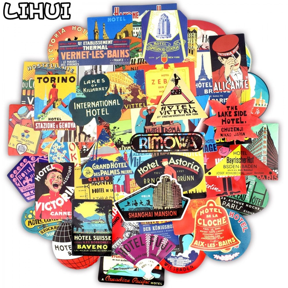 55 PCS Retro Hotel Style Stickers Graffiti Building Logo Travel Sticker to DIY Suitcase Luggage Laptop Fridge Car Bicycle Phone