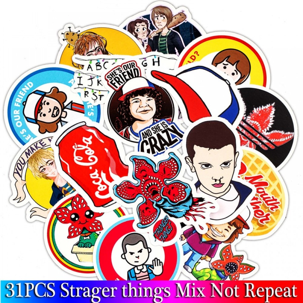 30PCS Pack Stranger Thing Figure Stickers Set Anime Toy Sticker For Luggage Skateboard Motorcycle Laptop Waterproof Sticker