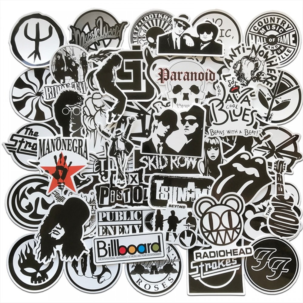 AQK 50Pcs/Lot Rock Roll Band Music Black White Stickers Punk Cool Retro Guitar Skateboard Suitcase DIY TV Car Waterproof Decals