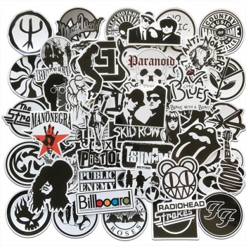 AQK 50Pcs/Lot Rock Roll Band Music Black White Stickers Punk Cool Retro Guitar Skateboard Suitcase DIY TV Car Waterproof Decals