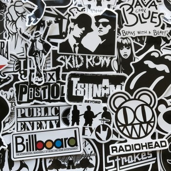AQK 50Pcs/Lot Rock Roll Band Music Black White Stickers Punk Cool Retro Guitar Skateboard Suitcase DIY TV Car Waterproof Decals