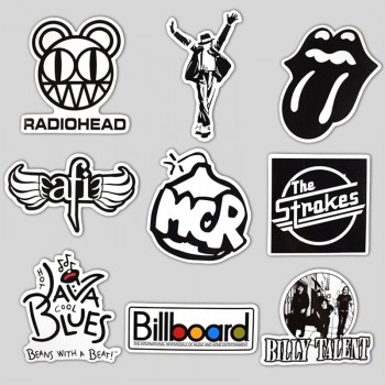 AQK 50Pcs/Lot Rock Roll Band Music Black White Stickers Punk Cool Retro Guitar Skateboard Suitcase DIY TV Car Waterproof Decals