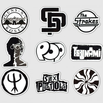 AQK 50Pcs/Lot Rock Roll Band Music Black White Stickers Punk Cool Retro Guitar Skateboard Suitcase DIY TV Car Waterproof Decals