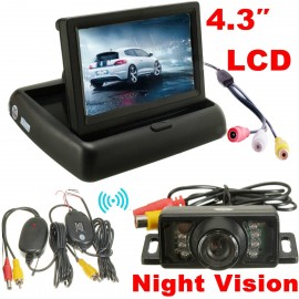 Car Foldable 4.3 Monitor Wireless IR Rearview Parking Reversing Camera Kit 120 Degree Angle Rear View Backup Camera