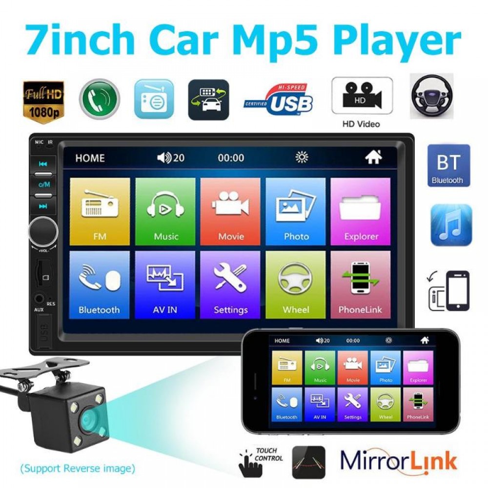 VODOOL 7018B 2Din Car MP5 Player 1080P 7 Touch Screen In Dash FM Radio Audio Media Player With Rear View Camera Reverse Image