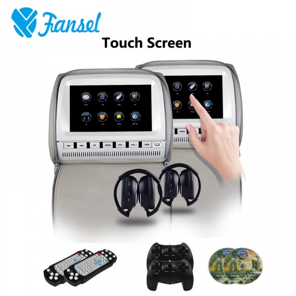 Fansel 2PCS 9 Inch Car Headrest Monitor DVD Video Touch Screen Player Zipper Cover TFT LCD Support IR FM USB SD Speaker Game