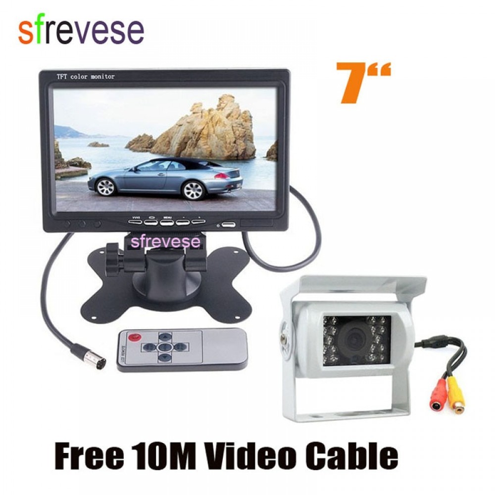 7 LCD Monitor Car Rear View Kit + 18 LED IR Night Vision CCD Parking Backup Reversing Camera White for Bus Truck Motorhome