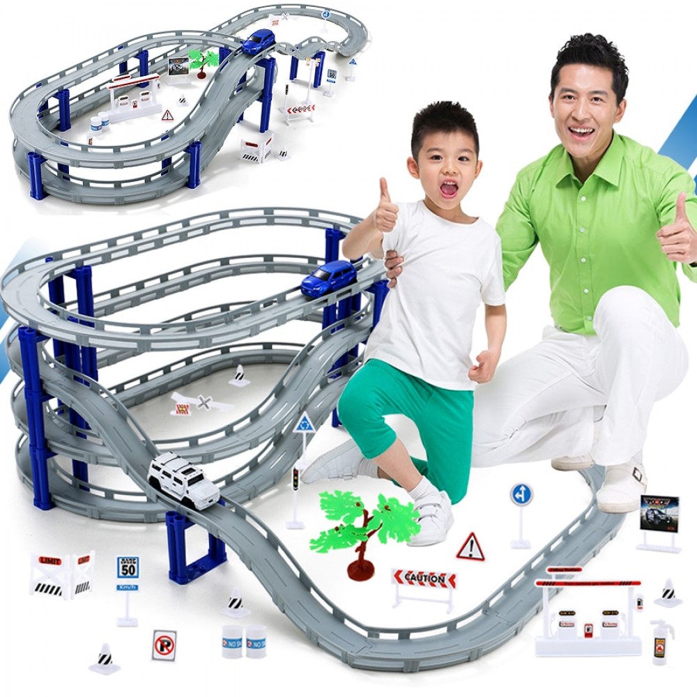 DIY Electric Railway Racing Track Toys,Multi-Track Rail with Racing Cars Building Playset Educational Assembly toys For Children