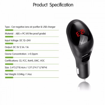2 in 1 Air Purifier Ionizer Air Cleaner Dust Smoke Car Negative Ions PM2.5 Eliminator Remover Dual USB Charger with Voltmeter