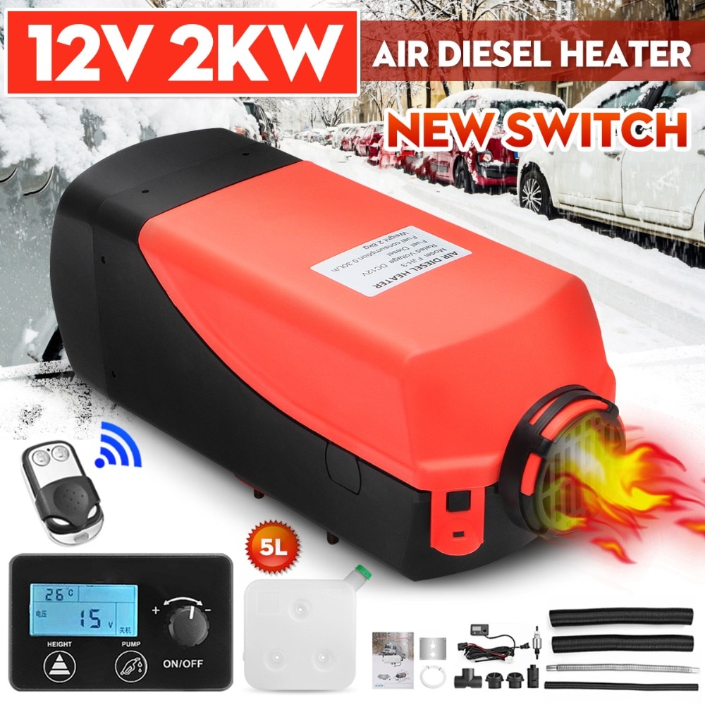 Car Heater 2KW 12V Air Diesels Heater Parking Heater LCD Knob Switch + Silencer +Remote Control for RV, Motorhome Trailer, Truck