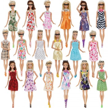 30 Item/Set Doll Accessories = 10x Mix Fashion Cute Dress + 4x Glasses+ 6x Necklaces +  10x Shoes  Dress Clothes For Barbie Doll
