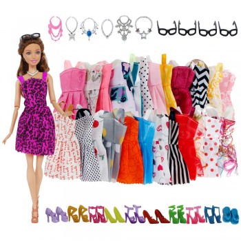 30 Item/Set Doll Accessories = 10x Mix Fashion Cute Dress + 4x Glasses+ 6x Necklaces +  10x Shoes  Dress Clothes For Barbie Doll
