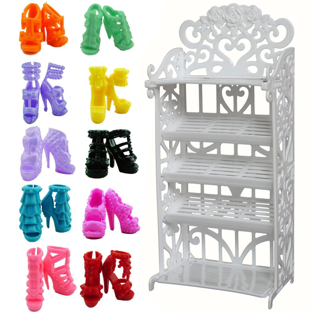 Option 10 Pairs Shoes / Shoe Cabinet White Rack Storage Princess Dollhouse Clothes Dress Accessories Furniture for Barbie Doll