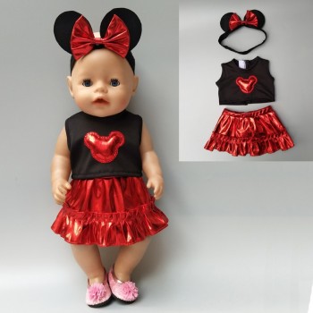 clothes for doll 43cm born baby doll dress gold color mickey bow headband for 18 inch girl dolls clothes set cartoon dress