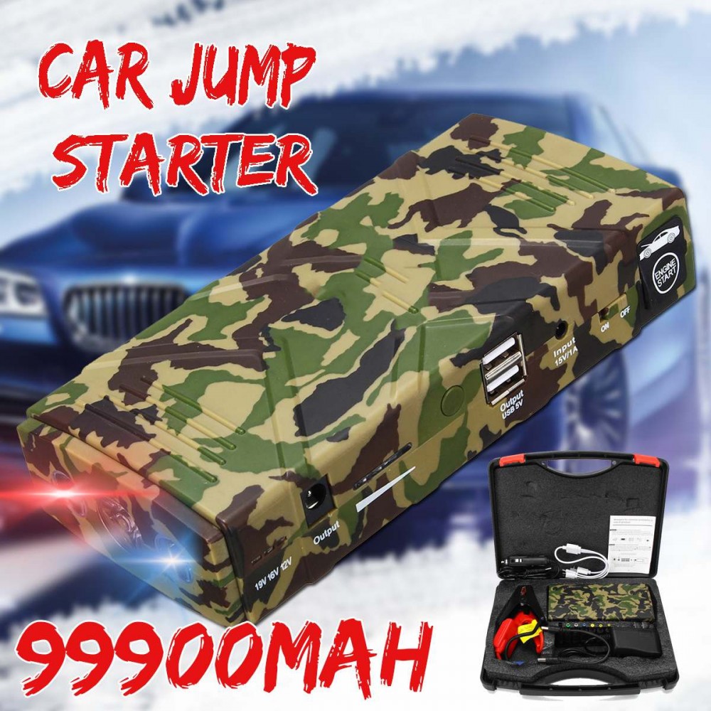 99900mAh 12V 2 USB Car Jump Starter Camouflage Multifunction Emergency Charger Battery Power Bank Booster Starting Device