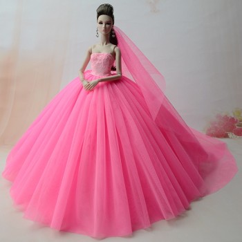 Dress + Veil / Pink Lace Party Dress Evening Gown Bubble skirt Clothing Outfit Accessories For 1/6 BJD Xinyi FR ST Barbie Doll