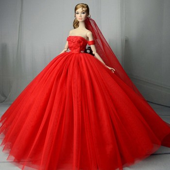 Handmade Long Tail Evening Gown Clothes Lace Wedding Dress +Veil For Barbie Doll