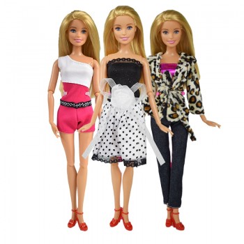 9 Item/Set Doll Accessories=3 Pcs Doll Clothes Dress+ 3 Glasses + Random 3 Pairs Shoes for Barbie Doll Girl Toy Best Gift