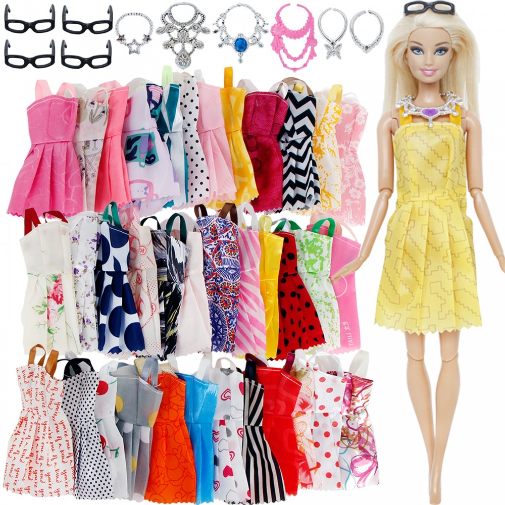 20 Pcs/Lot = Random 10x Mixed Style Mini Dress + 6x Plastic Necklaces + 4x Black Glasses Clothes For Barbie Doll Accessories