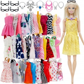 20 Pcs/Lot = Random 10x Mixed Style Mini Dress + 6x Plastic Necklaces + 4x Black Glasses Clothes For Barbie Doll Accessories