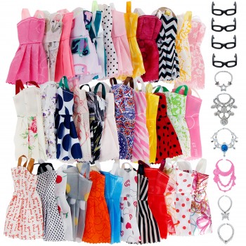20 Pcs/Lot = Random 10x Mixed Style Mini Dress + 6x Plastic Necklaces + 4x Black Glasses Clothes For Barbie Doll Accessories
