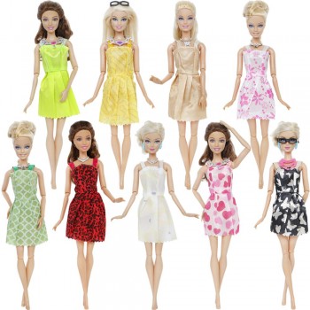 20 Pcs/Lot = Random 10x Mixed Style Mini Dress + 6x Plastic Necklaces + 4x Black Glasses Clothes For Barbie Doll Accessories
