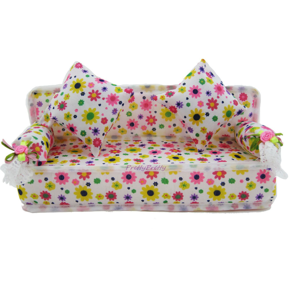 1 Pcs Mini Sofa Play Toy Flower Print Baby Toy Plush Stuffed Furniture Sofa With 2x Cushions For Barbie Doll Couch Doll House