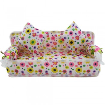 1 Pcs Mini Sofa Play Toy Flower Print Baby Toy Plush Stuffed Furniture Sofa With 2x Cushions For Barbie Doll Couch Doll House