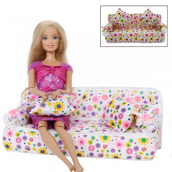 1 Pcs Mini Sofa Play Toy Flower Print Baby Toy Plush Stuffed Furniture Sofa With 2x Cushions For Barbie Doll Couch Doll House