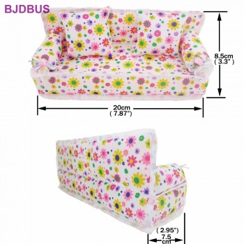1 Pcs Mini Sofa Play Toy Flower Print Baby Toy Plush Stuffed Furniture Sofa With 2x Cushions For Barbie Doll Couch Doll House