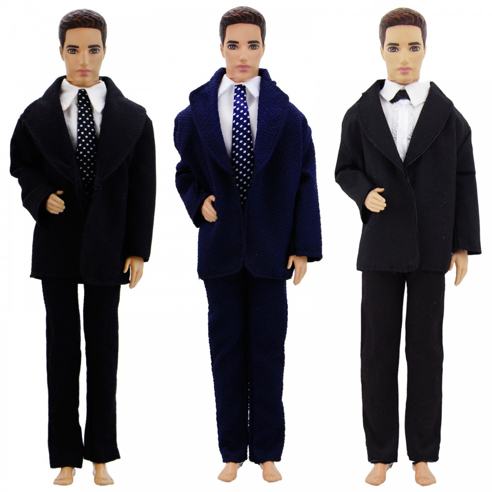 Handmade Doll Accessories 3 in 1 Outfit White Shirts + Coat + Pants Trousers Tie Bow Formal Suit Clothes for Barbie Ken Doll Toy